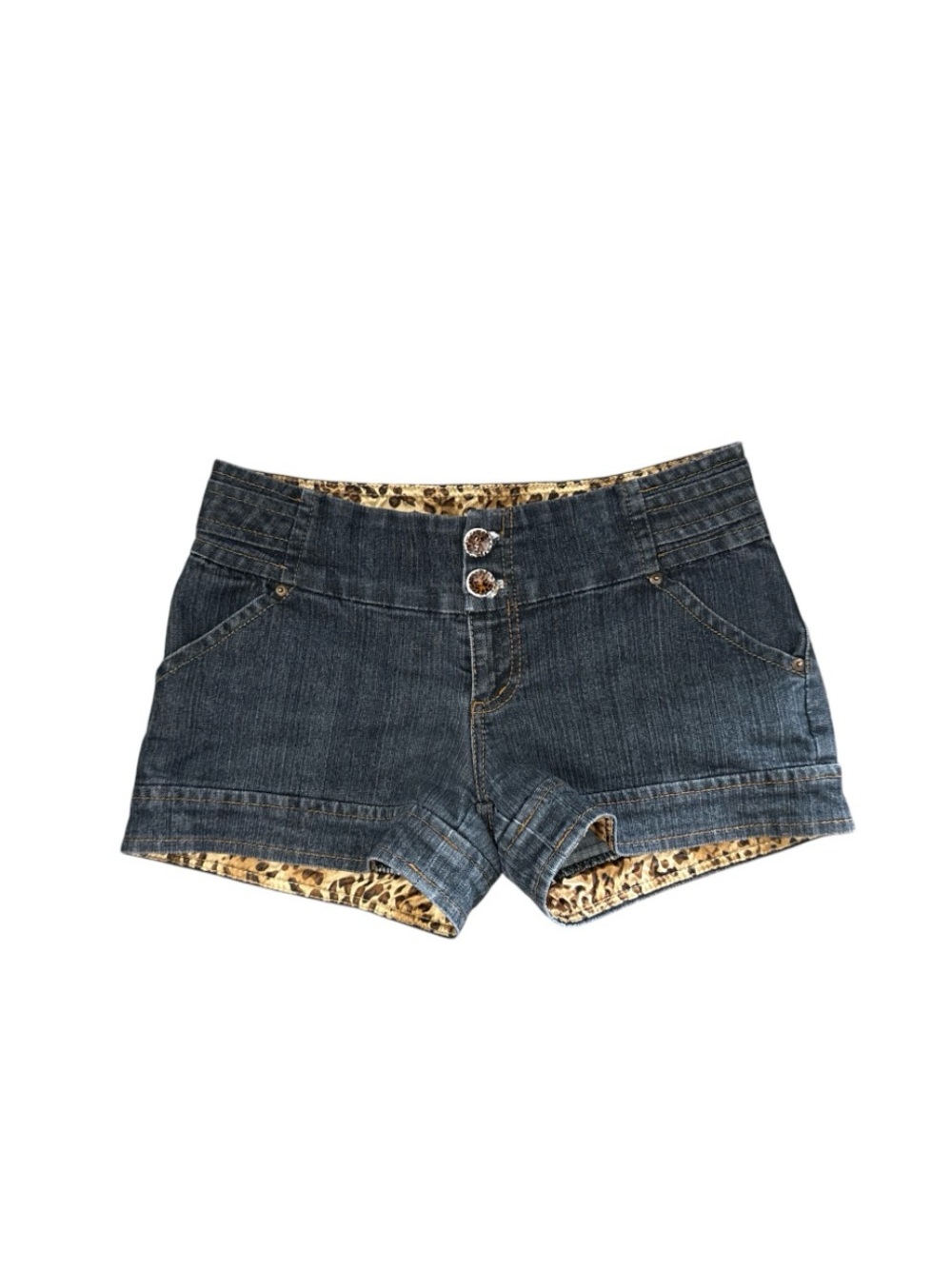 VTG Boom Boom Jeans Y2K Leopard Lined Micro Denim Shorts Dark Wash Sz 11